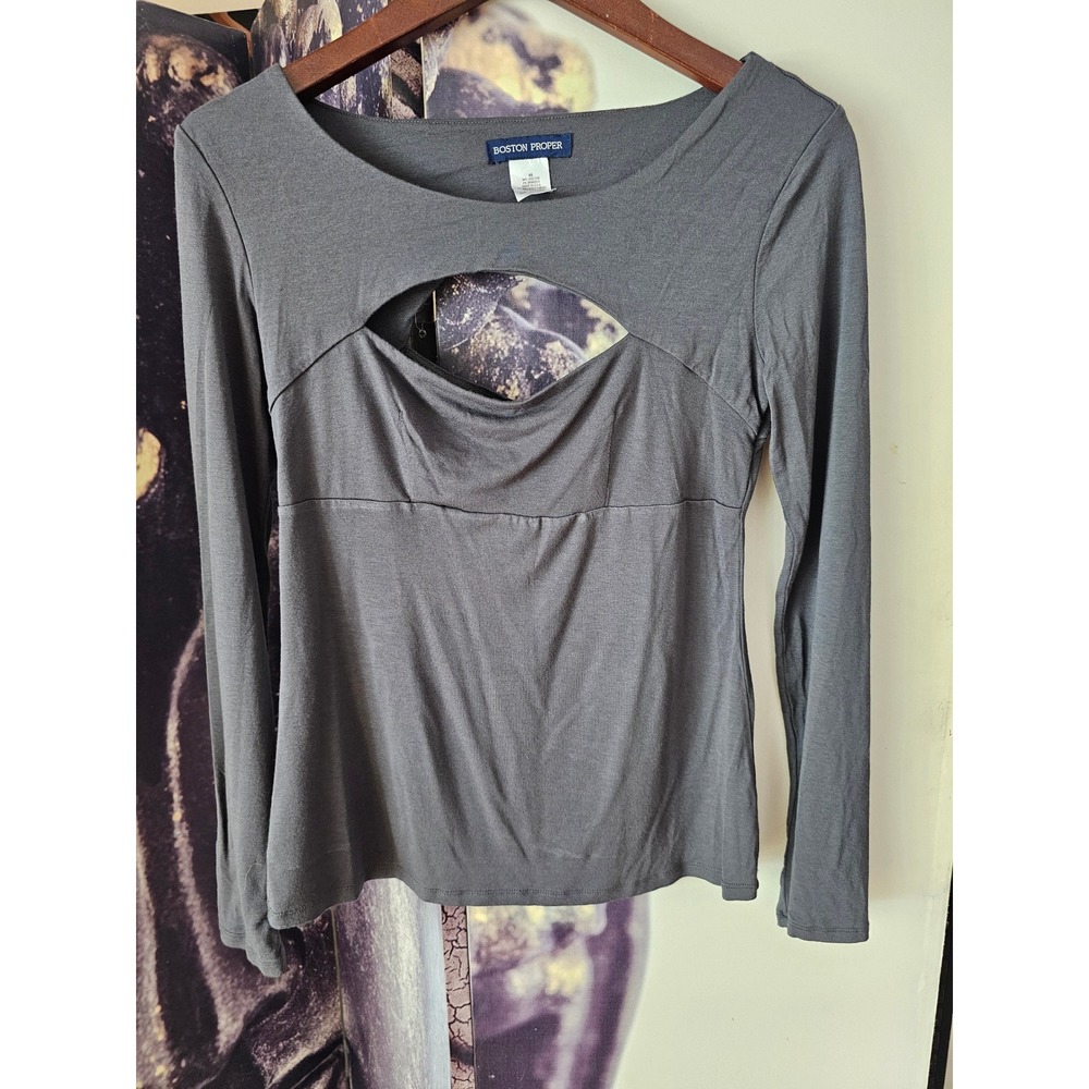 Boston Proper Womens Gray Long Sleeve Front Back Keyhole Cutout Top XS USA Made